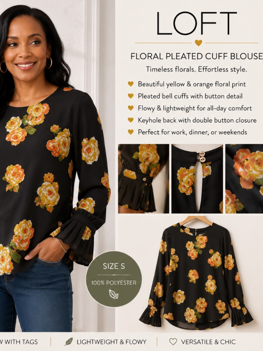 LOFT Floral Pleated Sleeve Blouse Size Small Black Yellow Orange EUC